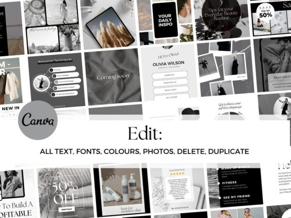 ULTIMATE 1000+ Instagram Templates - Minimal Noir Canva Templates - Black and White - Elegant- Instagram Content, Post, Stories Templates